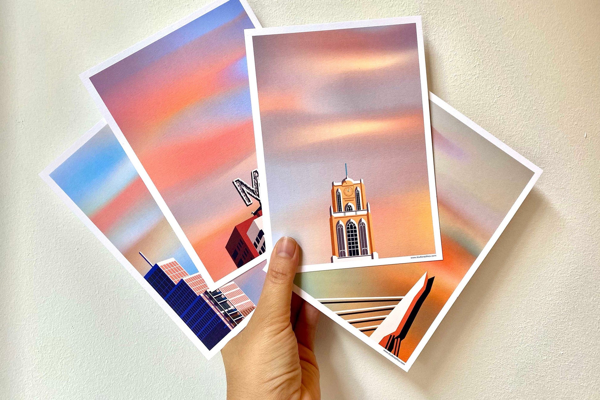 Set artprints 'Indie Skies | Erasmusbrug | Montevideo | Laurenskerk | Zalmhaven'